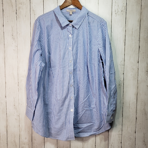 New! Woman Within Blue Striped Button Up Cotton - Picture 2 of 7